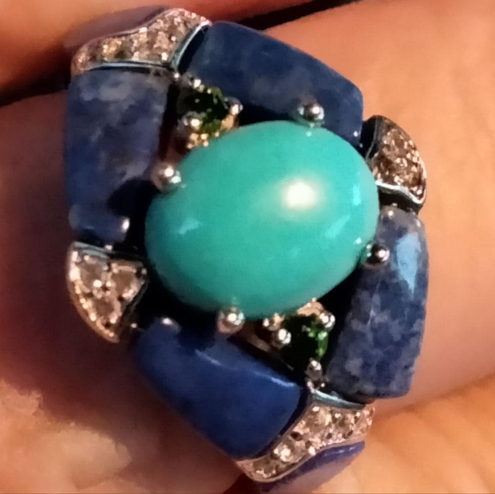 Sleeping Beauty Turquoise With Lapis Lazuli Chrome Diopside White Zircon Ring